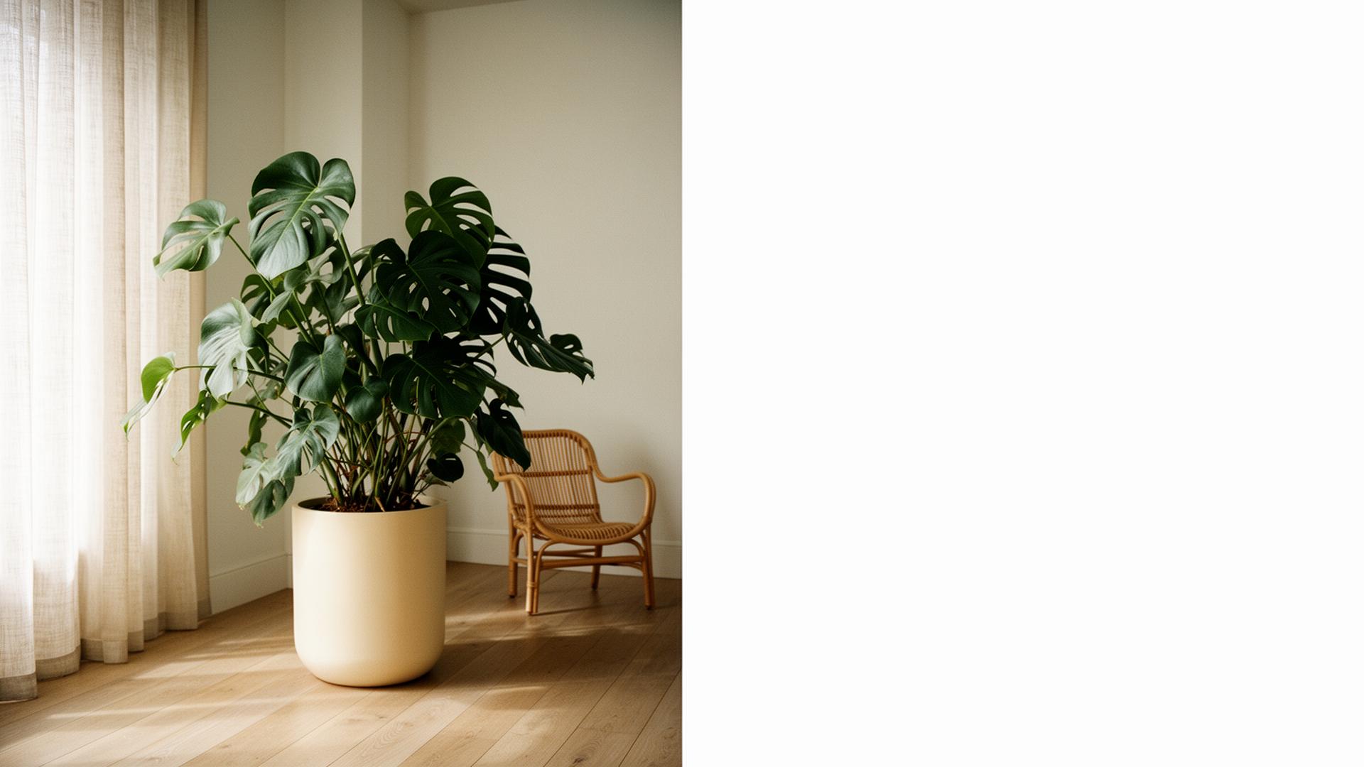Monstera Deliciosa en macetero crema dentro de un salón luminoso